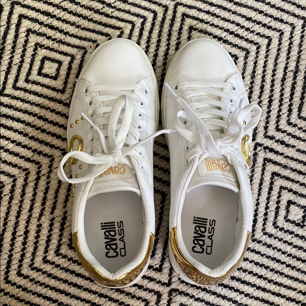 Cavalli Class White and Gold studded sneakers 40/9.5